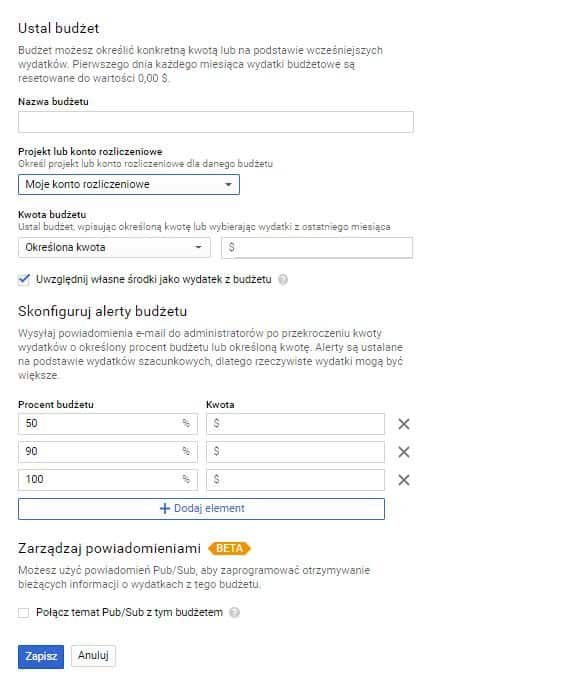 Konfiguracja budżetu i powiadomień o przekroczeniu kwoty