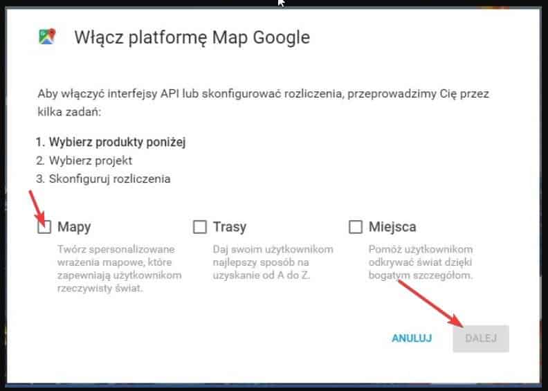 wybór produktu w panelu map google