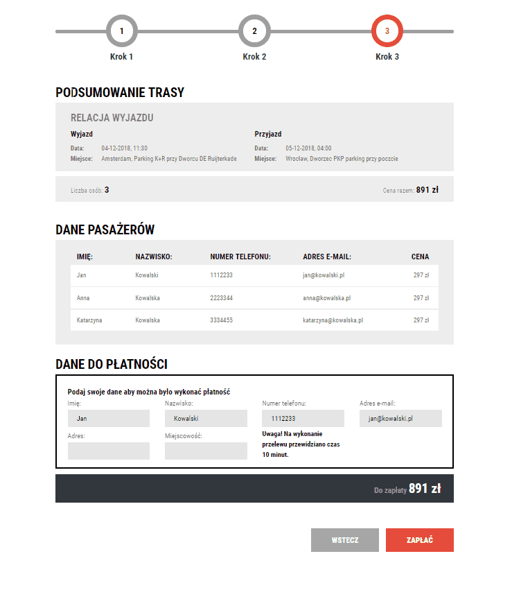 moduł podsumowania rezerwacji biletu