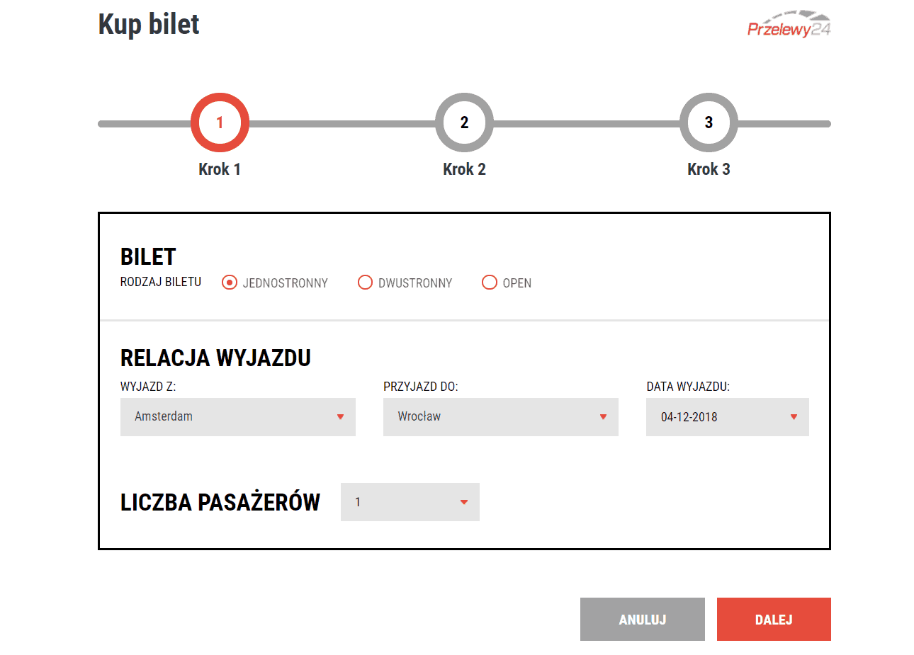 moduł wyboru biletu