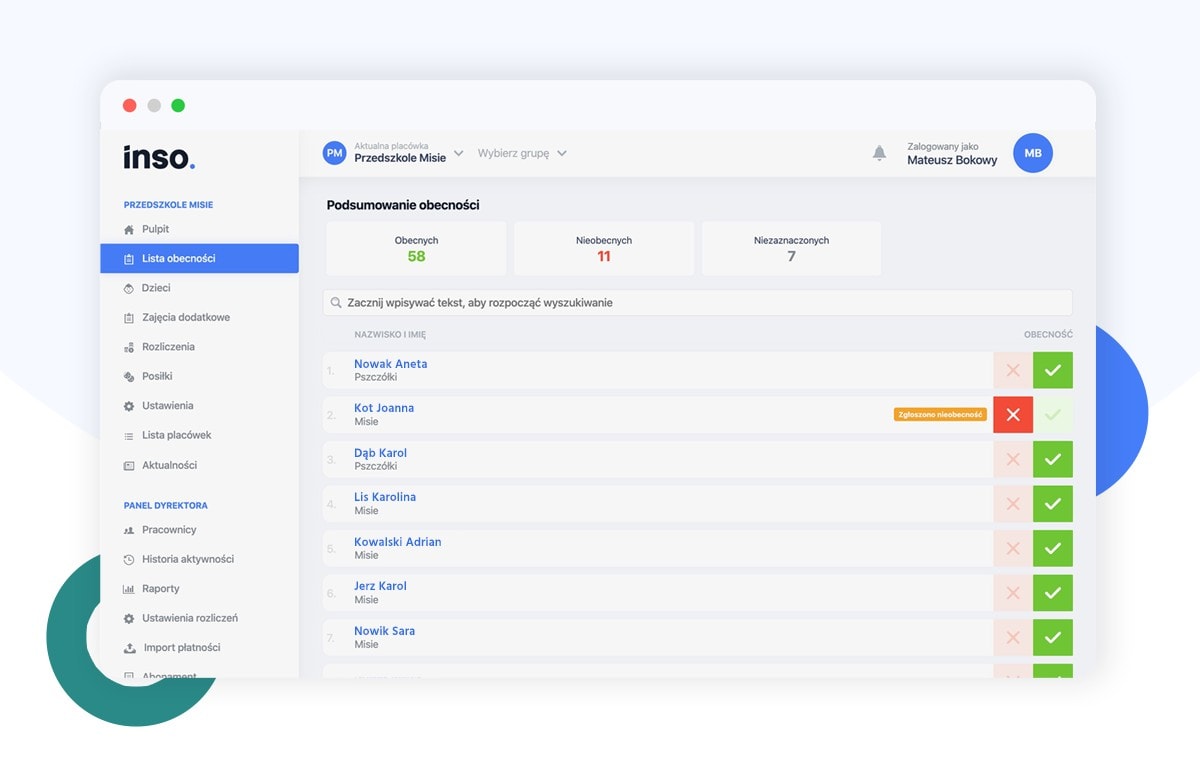 lista obecności w aplikacji Inso